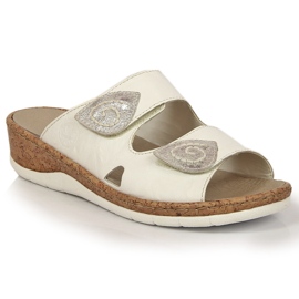 Chaussons femme Rieker V7151-80 en cuir blanc avec semelles compensées en velcro