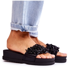 Tongs à plateforme pour femmes avec décorations, noir le noir