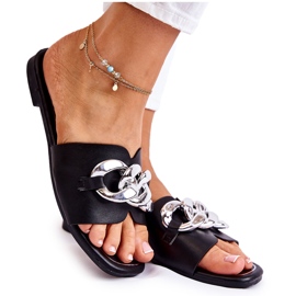 PG2 Chaussons Femme En Cuir Avec Chaîne Décorative Noir Maraia