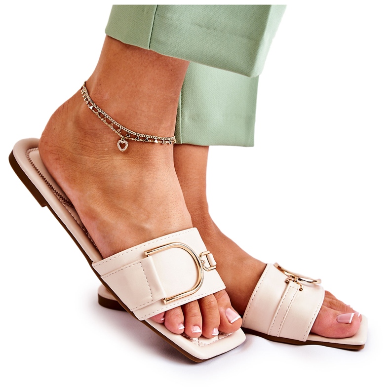 PG2 Pantoufles en cuir classiques pour femmes avec décoration Shilla beige d'or