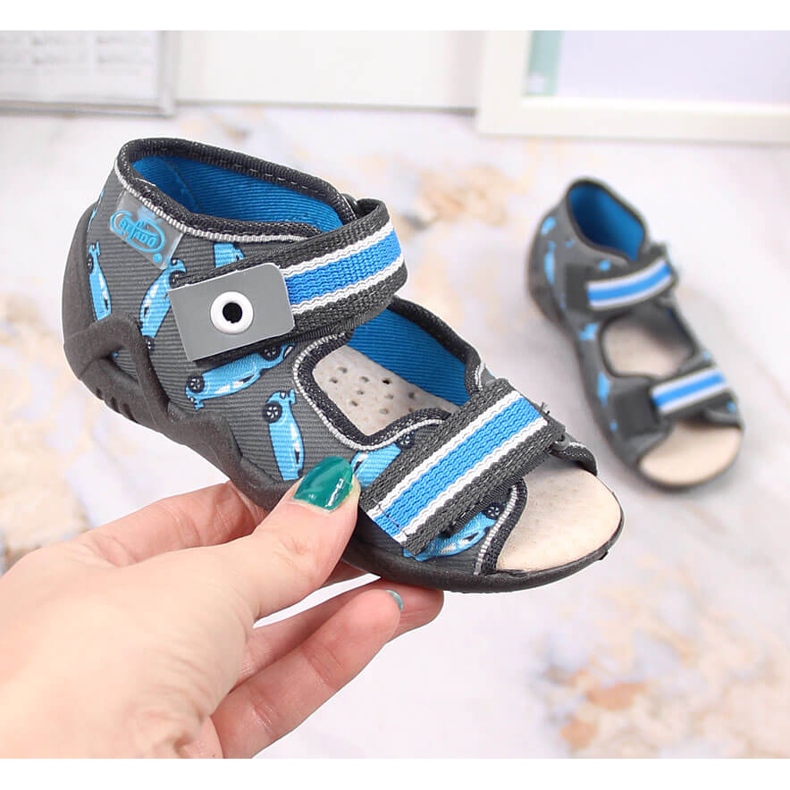 Chaussons garçon velcro avec racer gris et bleu Befado