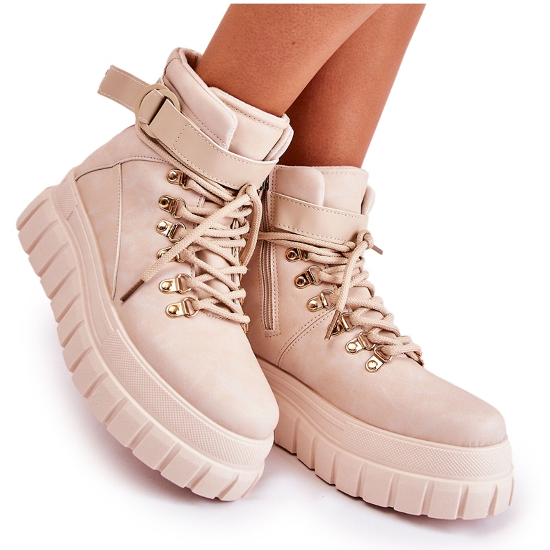 FB3 Bottes Femme À La Mode Sur Une Plateforme Avec Une Bande Beige Clair La Blanca