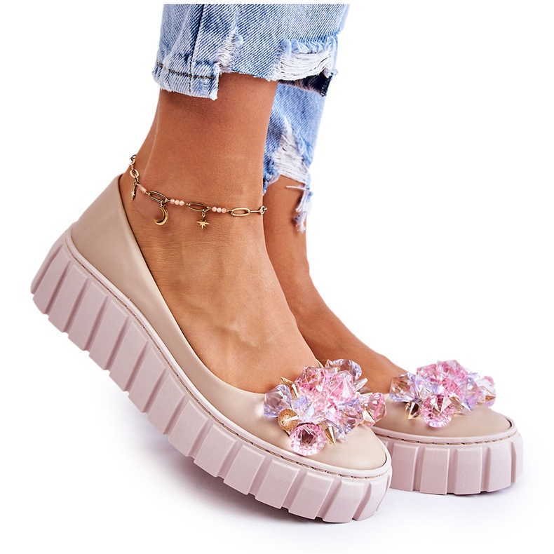 PA2 Ballerines En Cuir Sur Plateau à Décor De Ladette De Couleur Beige PA2 Ballerines En Cuir Sur Plateau à Décor De Ladette De Couleur Beige