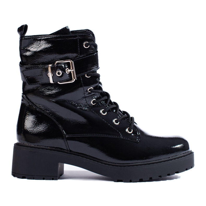 Bottes de travail laquées pour femme avec boucle décorative le noir