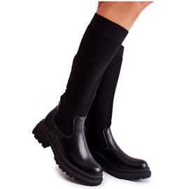 PS1 Bottes Femme Côtelées Sur Talon Plat Noir Allys