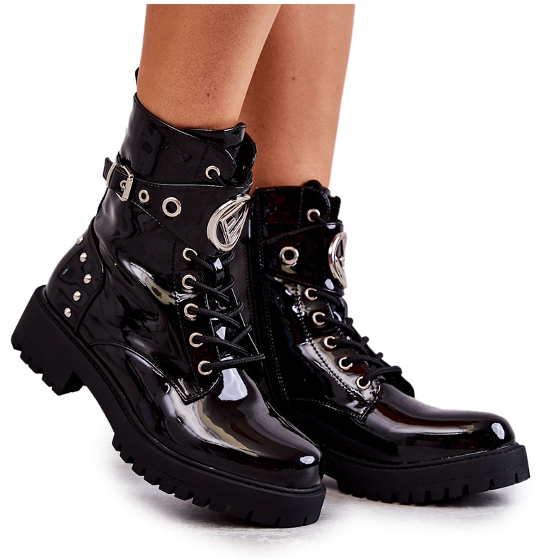 PG1 Bottines Femme Laquées à Clous Noir Leticia le noir