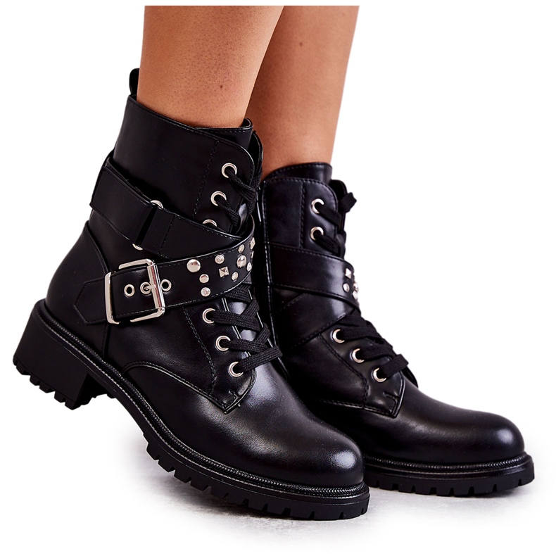 PG1 Bottes en éco-cuir noir Lanelly avec ceinture et clous le noir PG1 Bottes en éco-cuir noir Lanelly avec ceinture et clous le noir