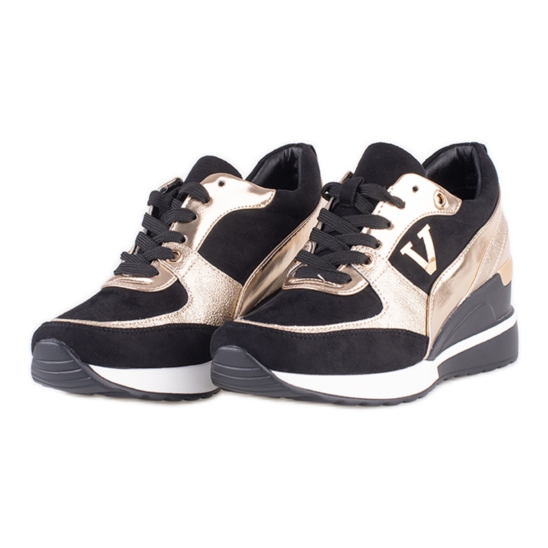Vinceza Baskets femme Potocki noires et dorées à talon compensé le noir d'or