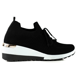 SHELOVET Baskets femme en tissu noir à talon compensé le noir