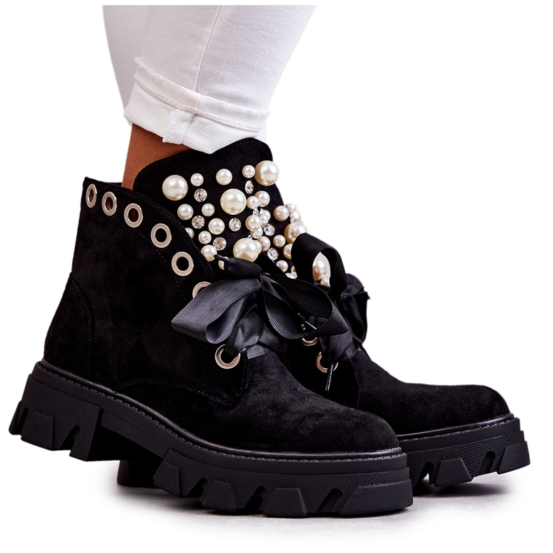 Bottines Roco Suede Warm Noires Avec Perles le noir