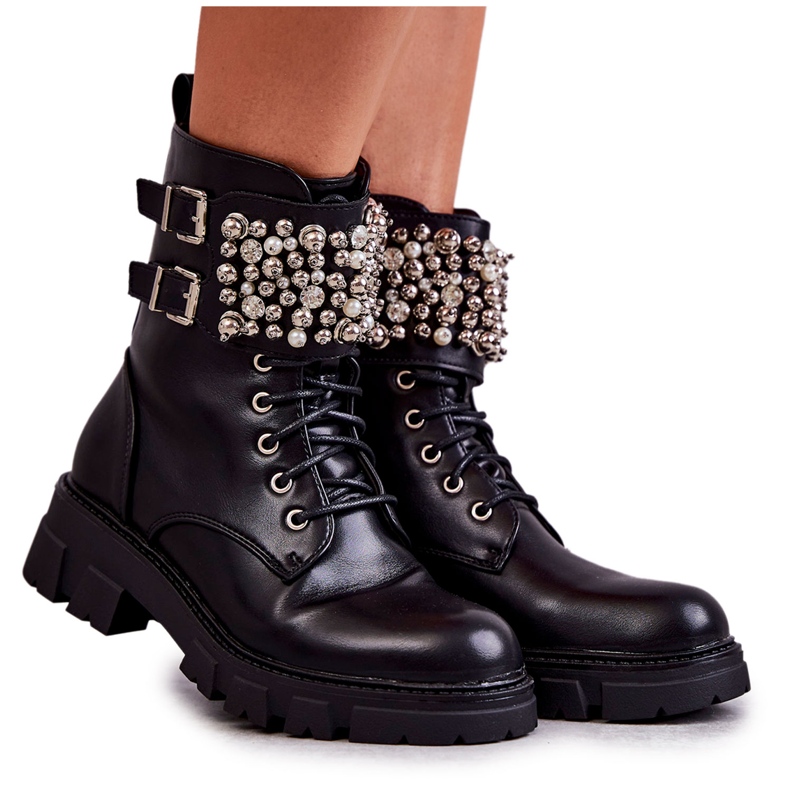 PG1 Bottines pour femmes avec des ornements attachés noir Leonese le noir
