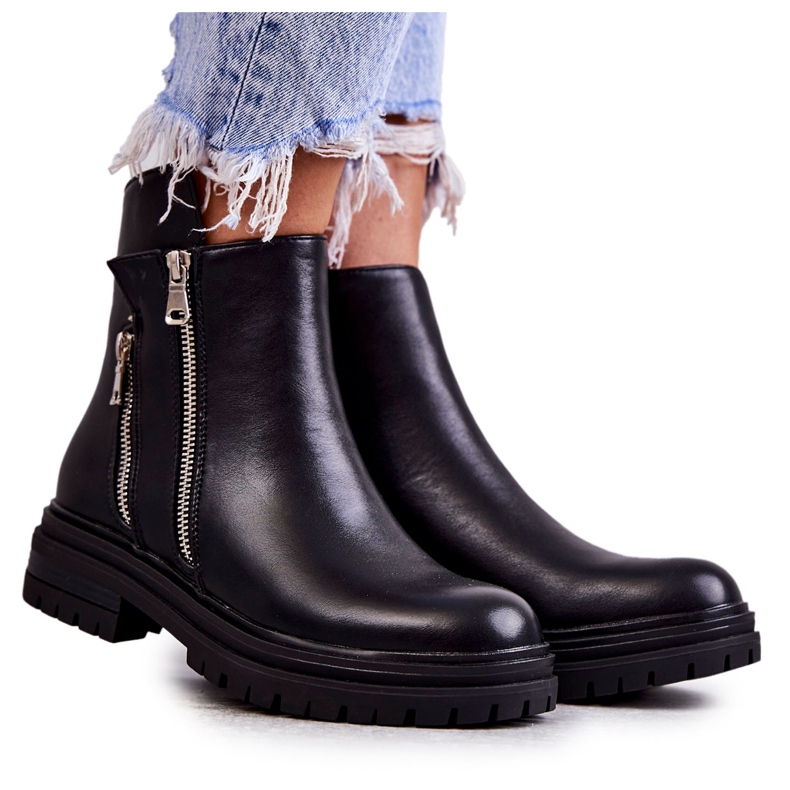 PG1 Bottes en cuir pour femmes avec fermeture à glissière Noir Navarra le noir