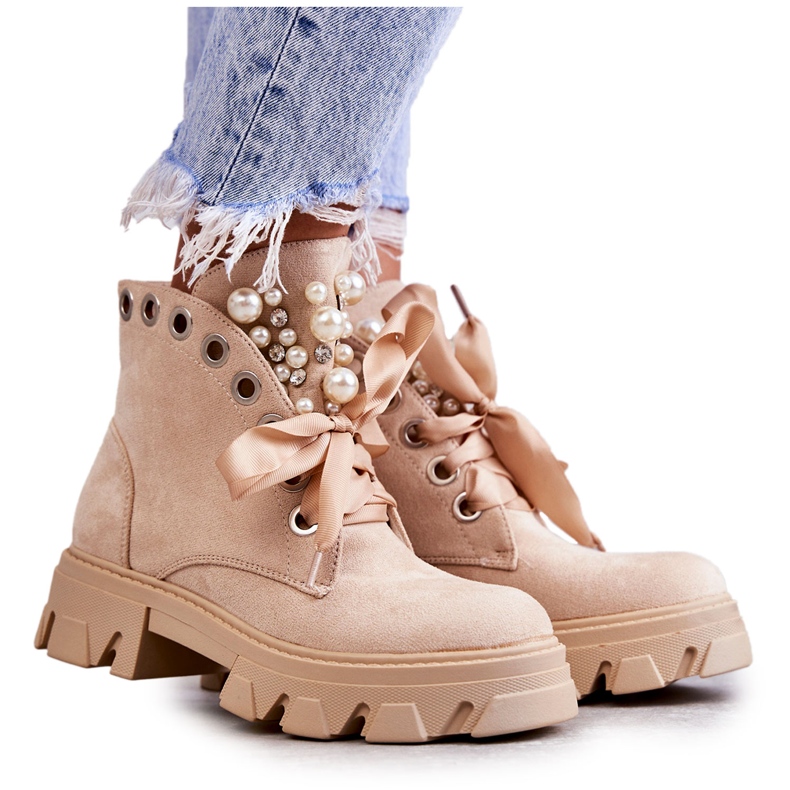 PS1 Bottines Chaudes Daim Avec Perles Beige Roco