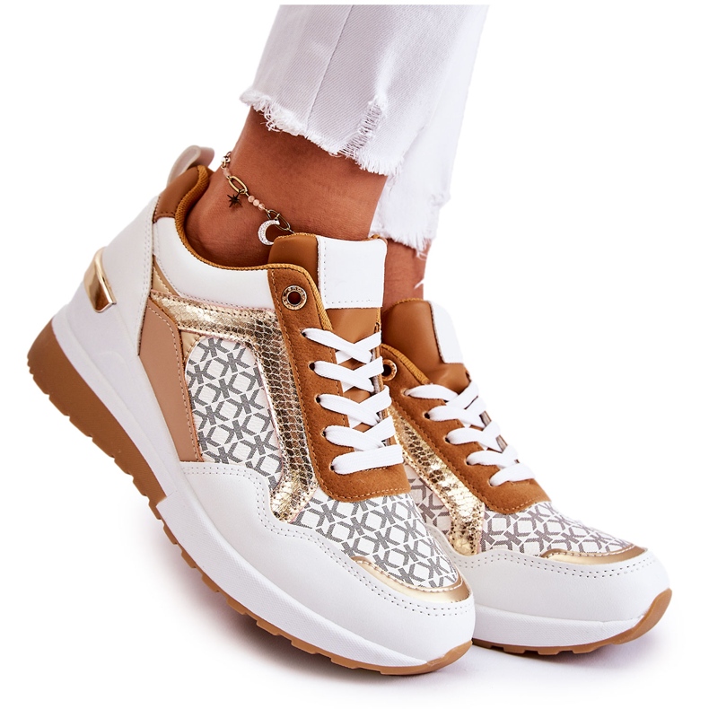 PG1 Chaussures de sport en éco-cuir pour femmes à semelles compensées blanches Catrine brun multicolore PG1 Chaussures de sport en éco-cuir pour femmes à semelles compensées blanches Catrine brun multicolore