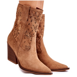 FB1 Bottes de cow-boy en daim à la mode avec des fleurs Camel Coralie brun
