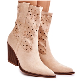FB1 Bottes de cow-boy en daim à la mode avec des fleurs de Coralie beiges