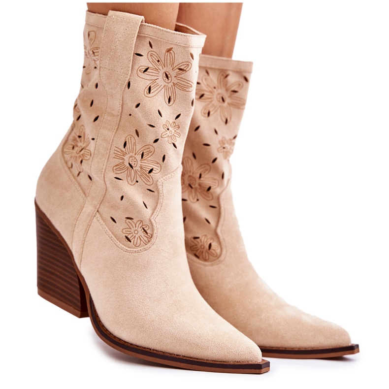 FB1 Bottes de cow-boy en daim à la mode avec des fleurs de Coralie beiges