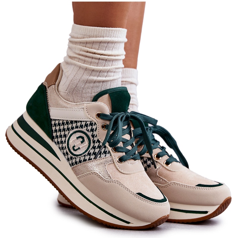 FB2 Chaussures Sport Femme Tendance Sur Compensée Beige-Vert Aronne FB2 Chaussures Sport Femme Tendance Sur Compensée Beige-Vert Aronne