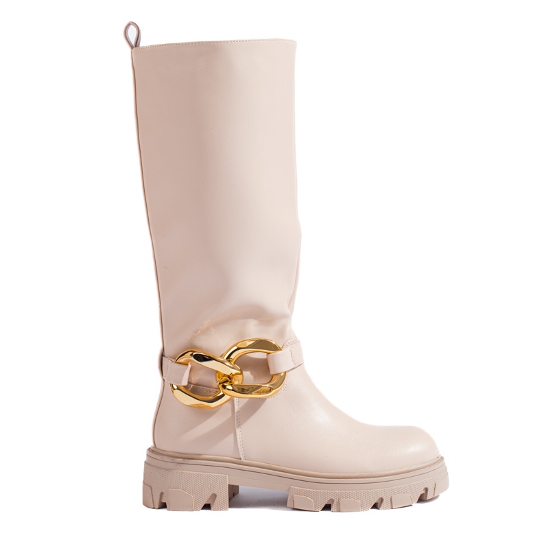 Bottes beiges pour dames avec une chaîne Shelovet en cuir écologique