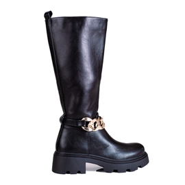 Bottines pour femmes avec chaîne en cuir écologique le noir