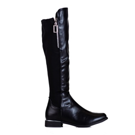 Bottes pour femmes noires à talons plats Shelovet avec une fermeture éclair décorative