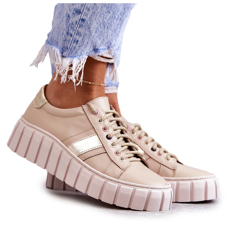 PA2 Chaussures de sport en cuir pour femmes Tied Beige-Or Ariva brun