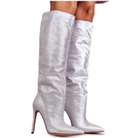 Bottes à talons hauts argentées à la mode avec zircons cubiques Bottes à talons hauts argentées à la mode avec zircons cubiques