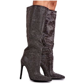 FS1 Bottes noires à la mode sur talon haut avec zircon cubique Lovisa argent