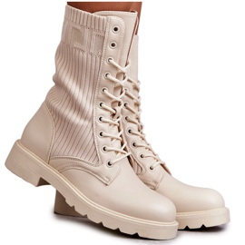 FS1 Bottines Femme Avec Une Chaussette Sur Un Talon Plat Beige Liam brun