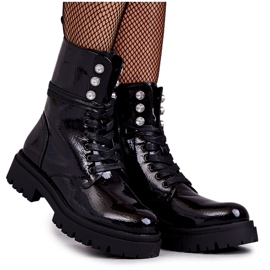 PE1 Bottes Ouvrières Laquées Femme Avec Ornements Noir Gesine