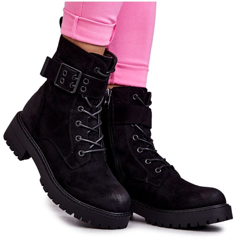 Bottes à lacets en daim pour femmes sur un talon plat Noir Firmina le noir
