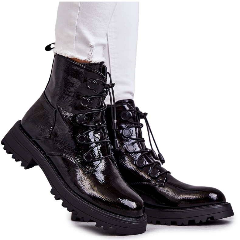 PJ1 Bottines Femme Laquées Chaudes Côtelées Noir Helia le noir