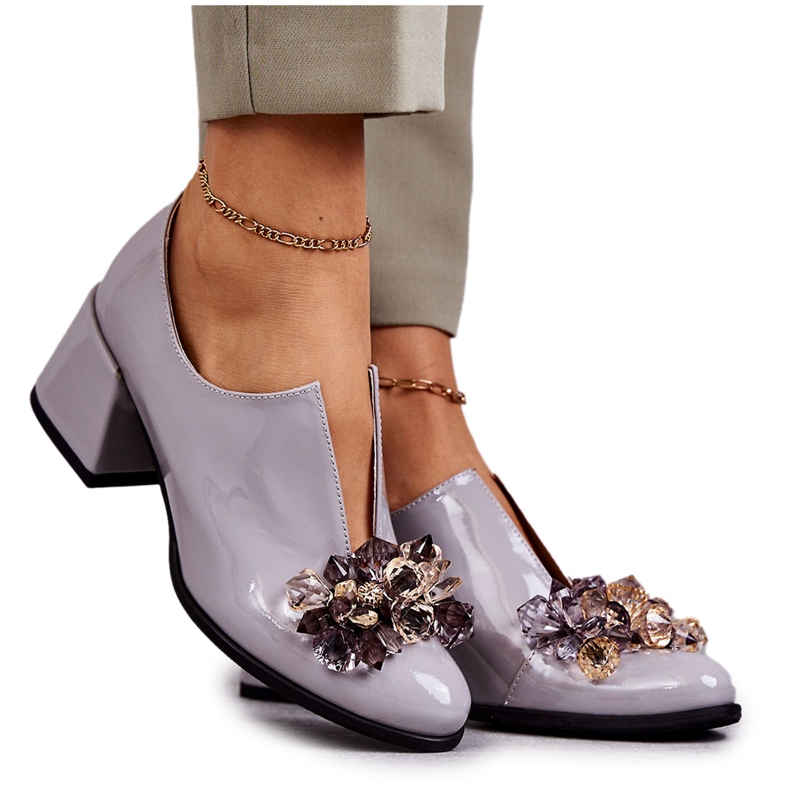 PA2 Chaussures En Cuir Lisse Laqué Avec Décoration Foncé Gris Delaver PA2 Chaussures En Cuir Lisse Laqué Avec Décoration Foncé Gris Delaver