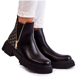 PG1 Bottes en cuir pour femmes avec fermeture éclair décorative Noir Lorra