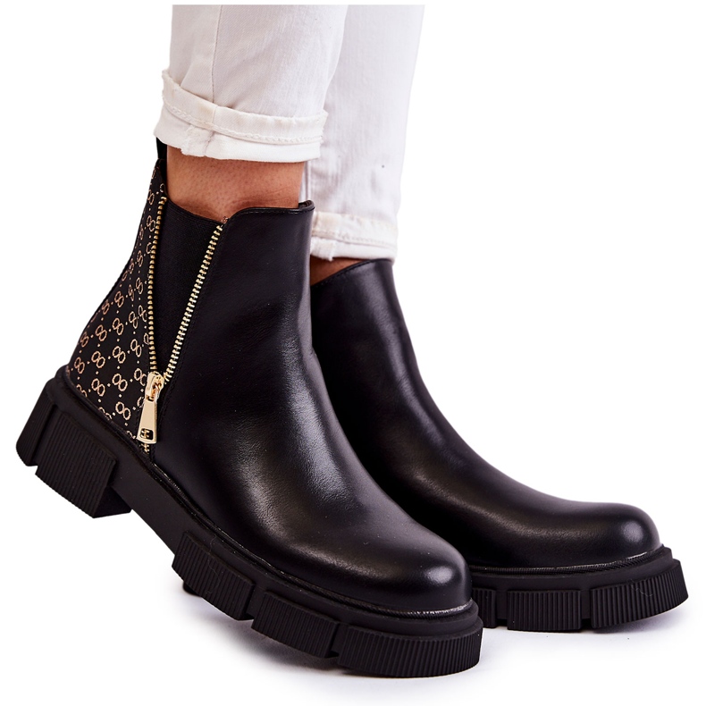 PG1 Bottes en cuir pour femmes avec fermeture éclair décorative Noir Lorra le noir