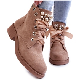 FB2 Bottes chaudes en daim Raiso beige foncé avec fermeture éclair et perles