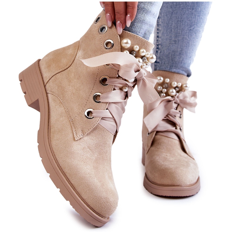 FB2 Bottes Chaudes En Daim Avec Fermeture Éclair Avec Perles Beige Raiso