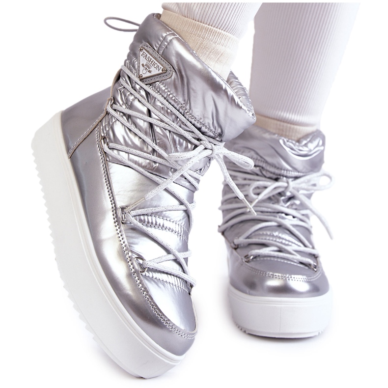 Bottes de neige à lacets argentées à la mode pour femmes