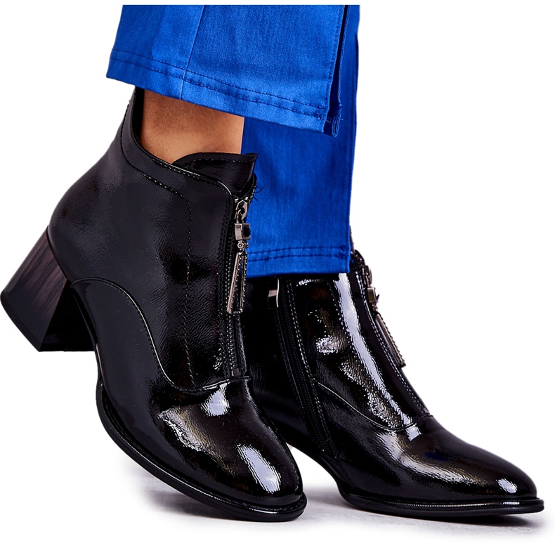 S.Barski Bottines en cuir verni avec fermetures éclair pour femmes, noir le noir