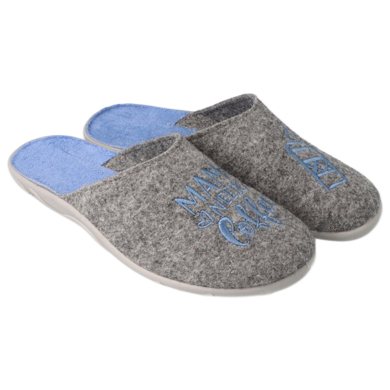 Chaussons femme Befado 235D188 gris avec broderie bleue Chaussons femme Befado 235D188 gris avec broderie bleue
