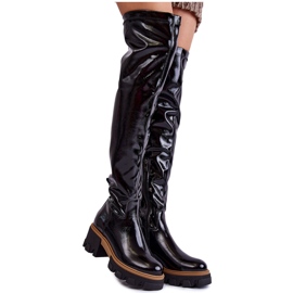 PL5 Bottes femme laquées à la mode sur le genou noir Venise le noir