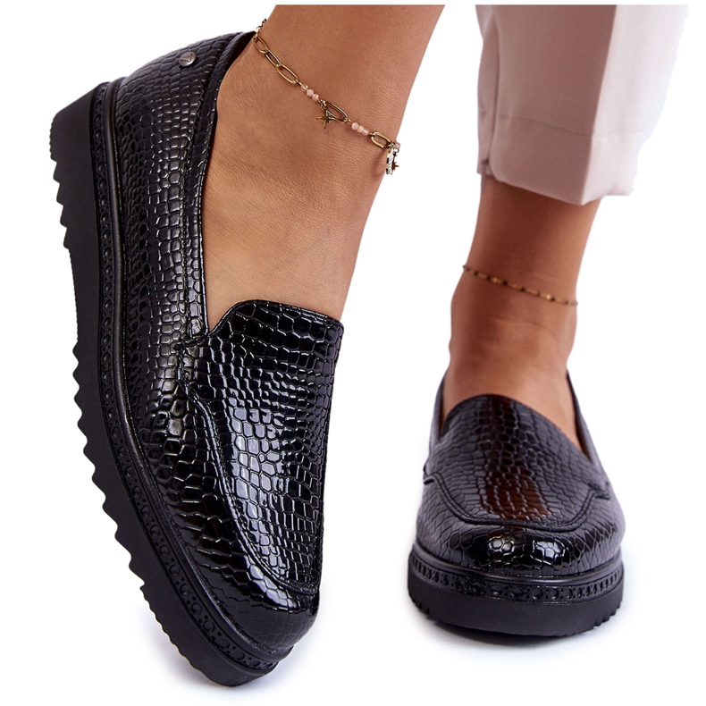 Vinceza Mocassins Laqués Motif Crocodile Sur Plateau Diane Noir le noir