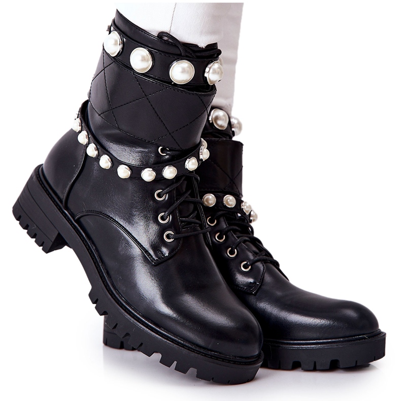 PG1 Bottines Femme Avec Perles Noir Mystique le noir