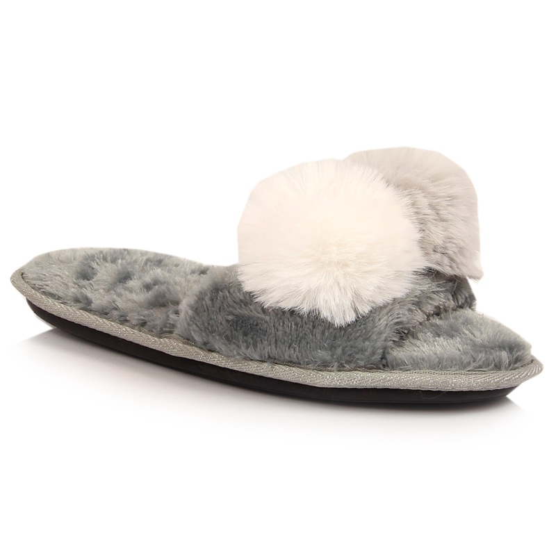 BM Chaussons femme fourrure à pompons gris Stella