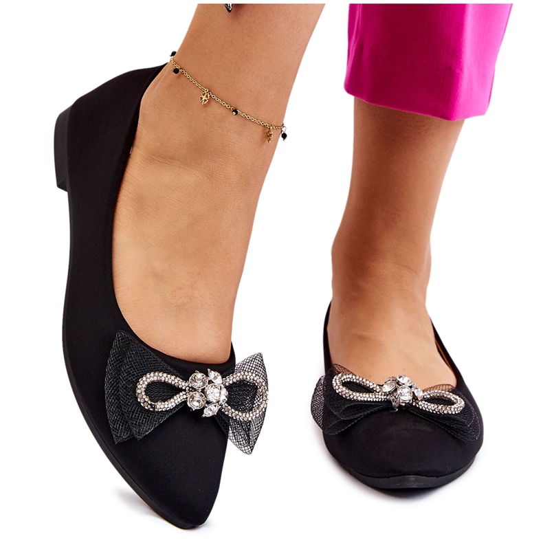 PS1 Ballerines Pointues Femme Avec Nœud Décoratif Noir Lumineux le noir