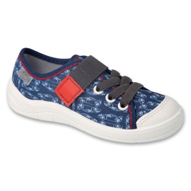 Chaussons enfants Befado avec velcro 351X007, bleu marine, avec des voitures dessus