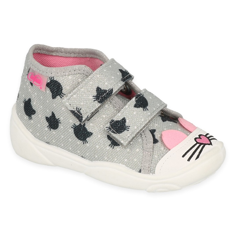 Chaussons enfants Befado avec Velcro 212P078, gris avec chats noirs