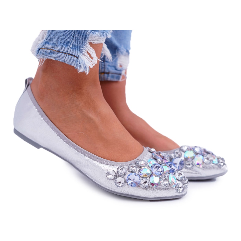 PS1 Ballerines pour femmes avec pierres de cristal argentées gris