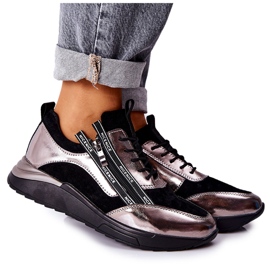 POTOCKI Baskets de sport en cuir métallisé noir et argent