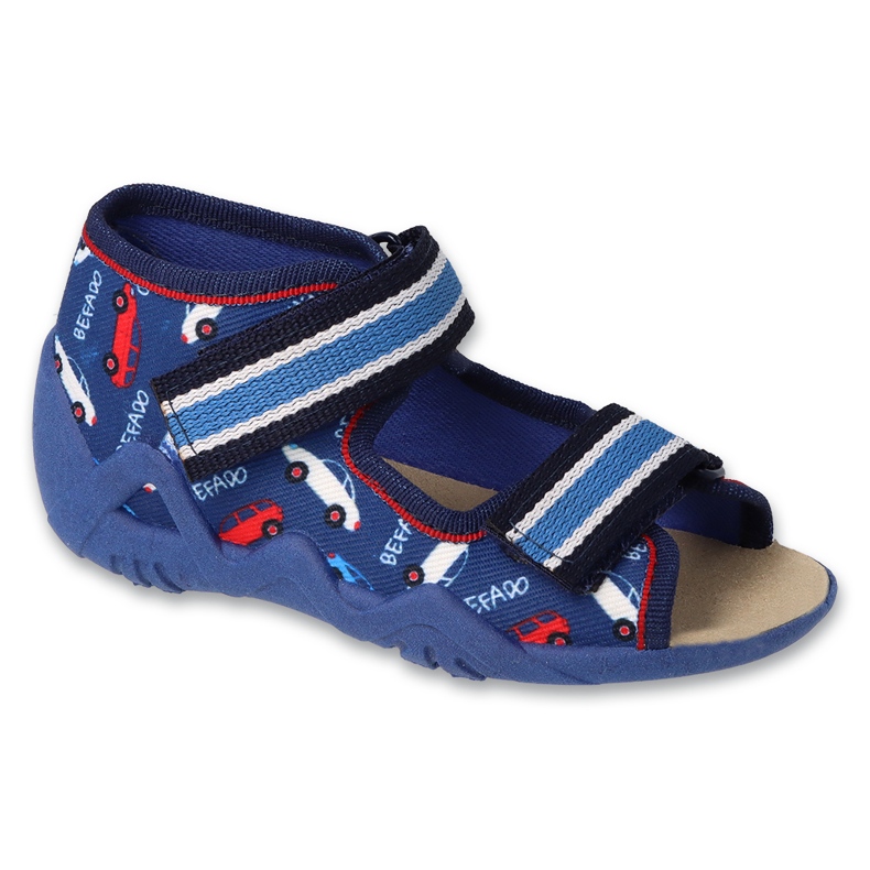 Sandales enfant Befado, semelle intérieure cuir 350P038, bleu marine avec motifs voitures